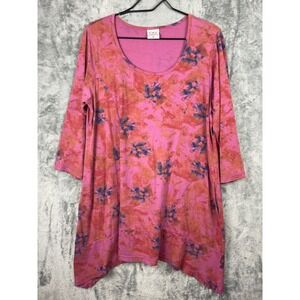 CMC Color Me Cotton Tunic Top  Womens Large Pink Floral Pockets 3/4 Sleeve Artsy